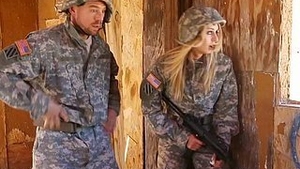 A worried blonde girlfriend gets intensely anal penetrated by her partner while wearing a military outfit