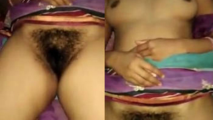 Desi wife displays hairy and moist vagina along with her creamy breasts