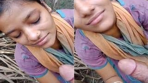 Beautiful Indian woman gives a blowjob in the open air
