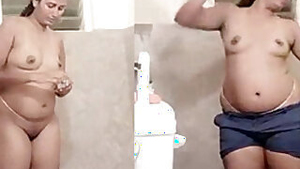 Chubby housewife shows XXX assets while changing clothes in bath