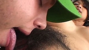 Rare white guy gives oral pleasure to pretty and clean Asian girl's hairy pussy