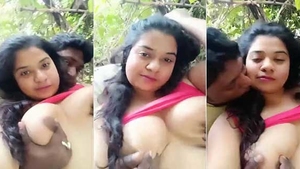 Village girl's outdoor selfie with big boobs and solo play