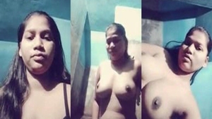 A stunning busty girl with natural breasts and a hairy vagina flaunts her assets